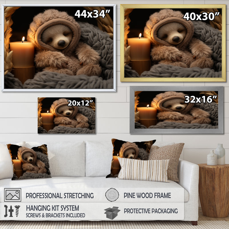 «Brown Sloth Serenity Sleep» - art mural paresseux, H 12 po x l 20 po x P 1 po, Cadre flottant brun