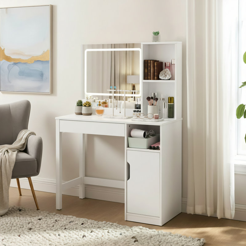 Table de coiffeuse blanche avec finition et miroir Conception de rangement multifonctionnelle; Table de rangement pour chambre à coucher et maquillage.
