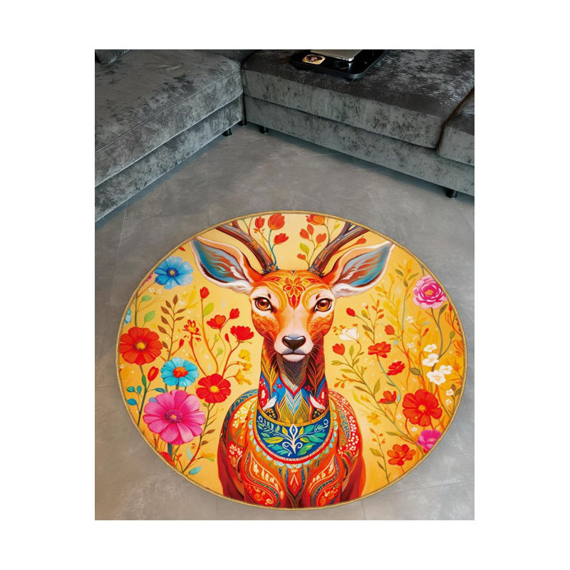 Tapis rond tissé à la machine à motif de cerfs orange lavable à la machine