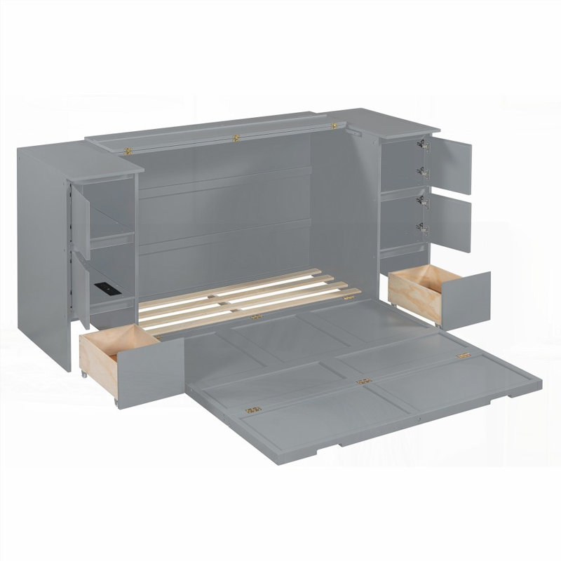 Full Size Murphy Bed with Storage - No Box Spring Needed, Gray