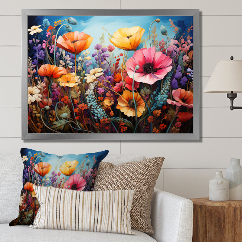 «Wildflowers Natures Bouquet Pointillism Dot I», reproduction sur toile, H 34 po x l 44 po x P 1,5 po, Cadre simple argenté