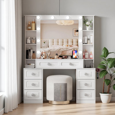 Vanity Desk With With Mirror And Lights,Makeup Vanity Table Wwith Lighted Mirror & Charging Station