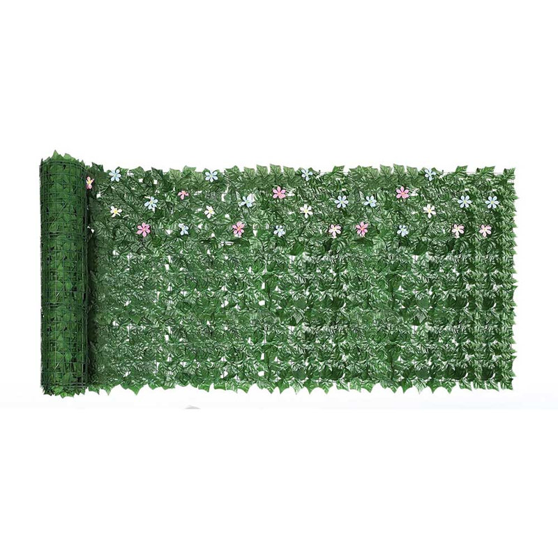Rouleau de lierre artificiel avec fleurs, écran d'intimité extensible de 42 po x 32 po, 60 panneaux vert pour mur de jardin