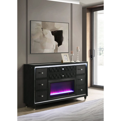 Black Upholstered 8‑Drawer Dresser, Decorative LED Flame Visual Effect, Accent LED Lighting, Tempered Glass Top, Felt‑Lined Drawers, Glam Bedroom Storage Cabinet