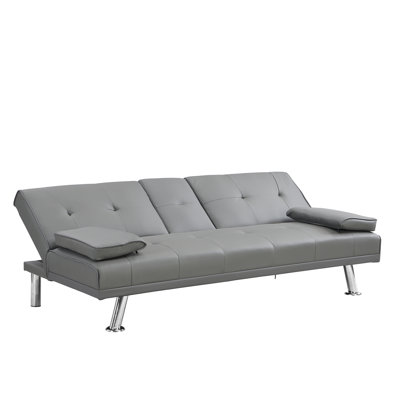 Sofa Bed With Armrest Two Holders WOOD FRAME, STAINLESS LEG, FUTON GREY PVC