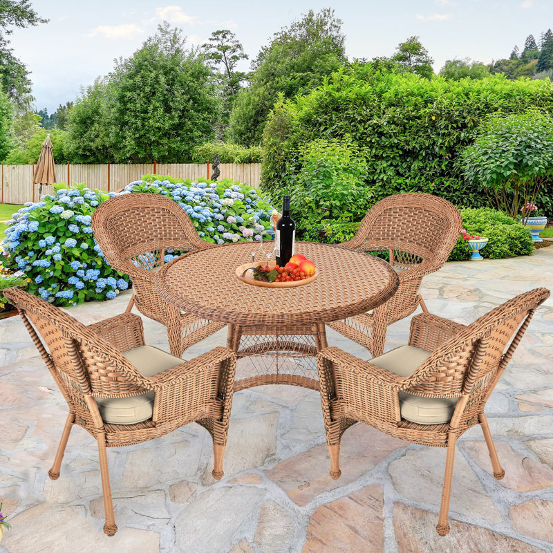 4 - Person Patio Dining Set with Round Table , Cushions Included, Honey, Tan