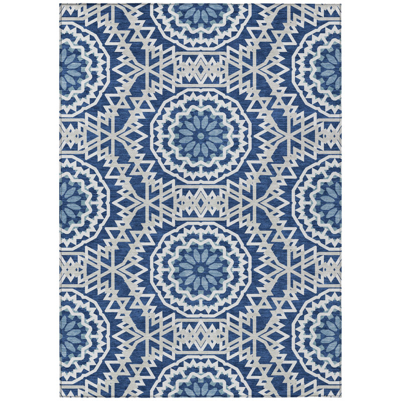 3' X 5' Navy Blue Ivory And Gray Floral Medallion Washable Indoor Outdoor Area Rug