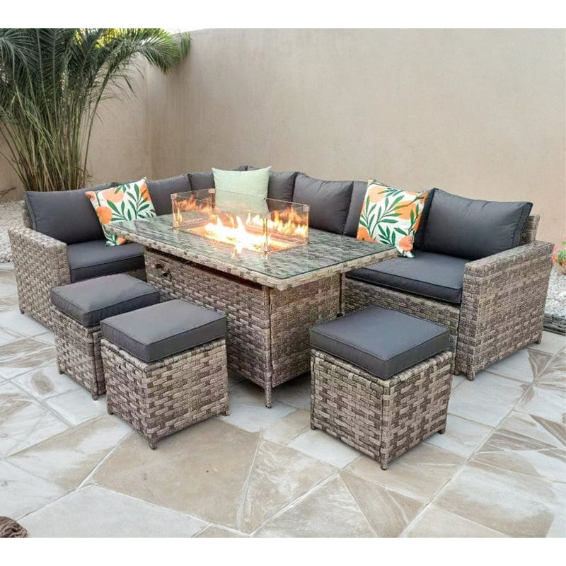Ayeasha Rectangular 9 - Person Comer Sofa Set With Fire-Pit Dining Table with Cushions Rain Cover, Beige, Grey
