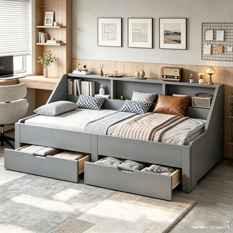 Lit de jour avec bureau, rangement et lumière DEL, Gris