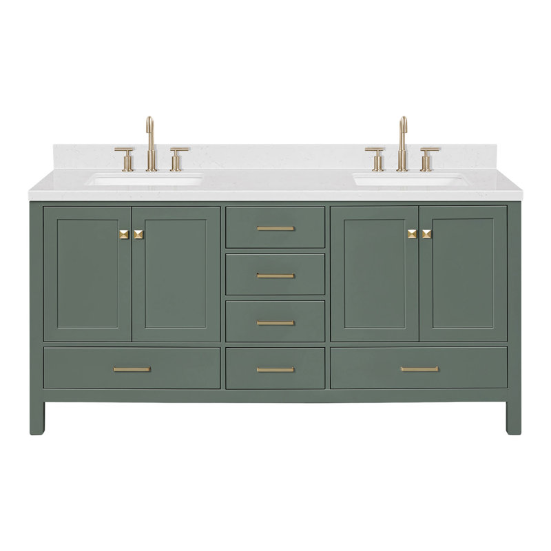 Meuble-lavabo double 72,25 po avec plateau Grevera, Laiton satiné, Vert rétro