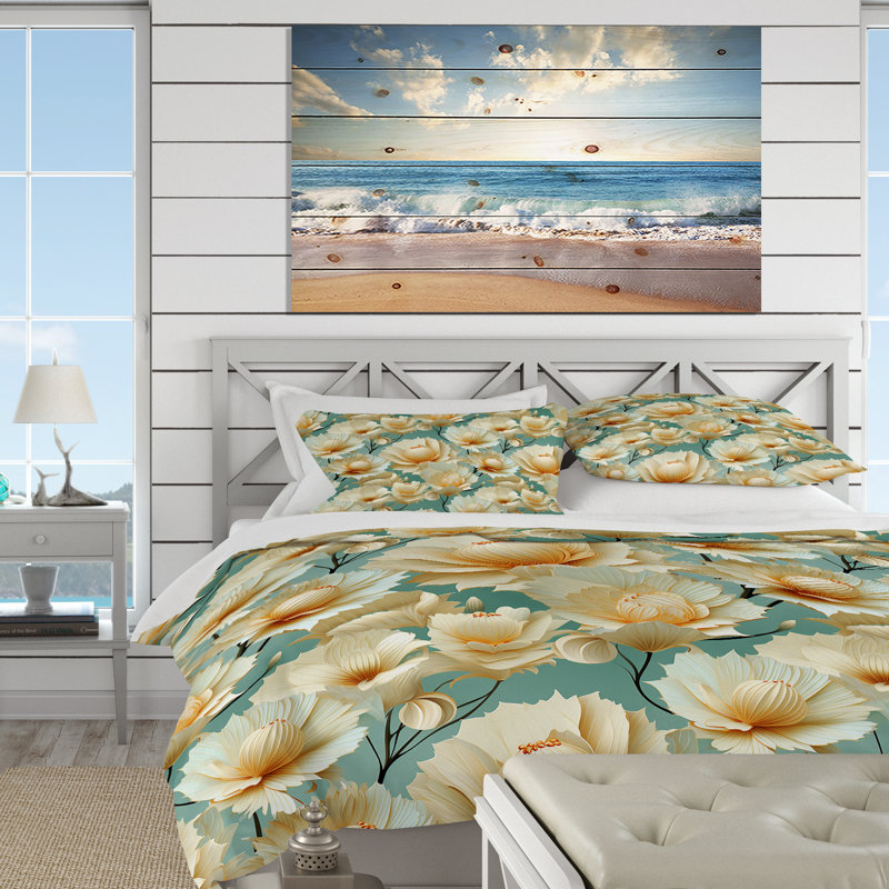 Seashell Harmony Tropical Pattern Floral Duvet Cover, King Duvet Cover + 2 King Shams