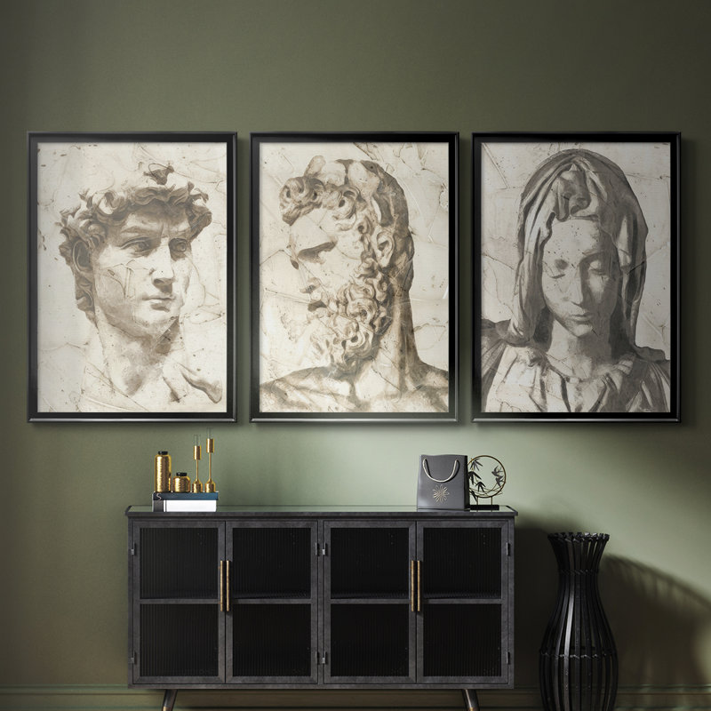 Classical Study I - Toile tendue avec châssis sur mesure - 3 pièces, Noir, noir, noir, noir, H 30 po x l 63 po