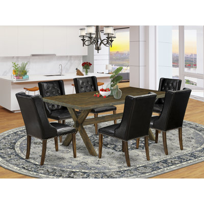 9 Piece Dining Table Set Includes a Rectangle Dining Room Table with X-Legs and 8 Black Faux Leather Parsons Chairs, Distressed Jacobean