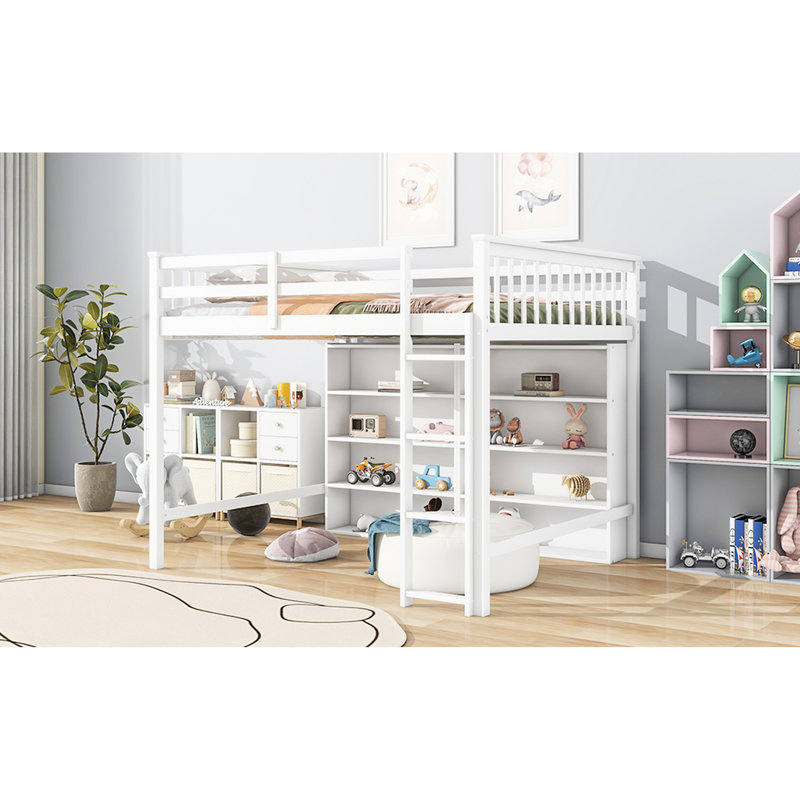 Lit mezzanine avec 8 tablettes ouvertes, blanc, Blanc