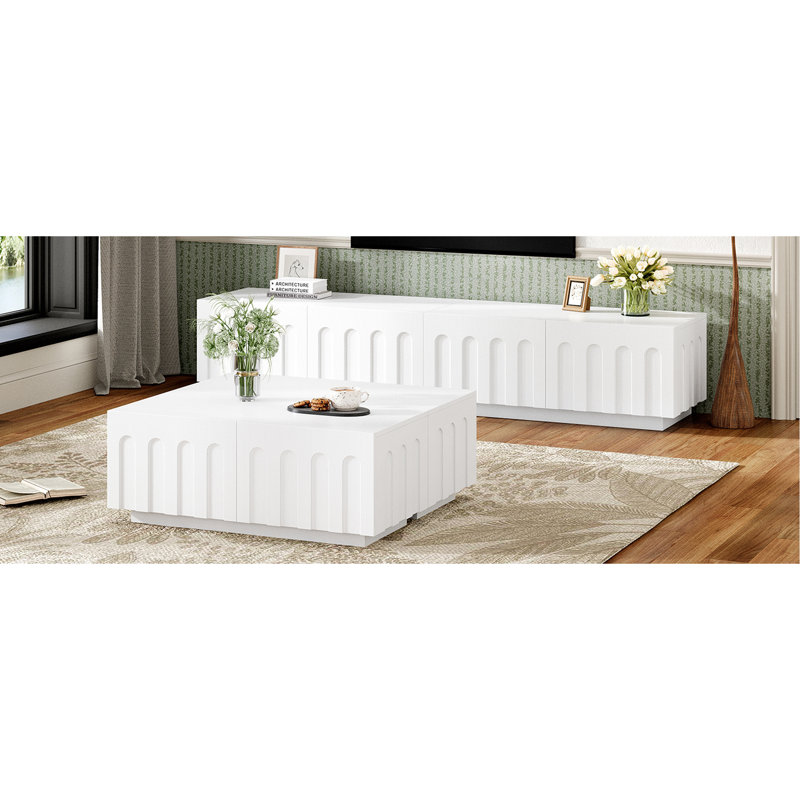 Ensemble de meuble télé blanc et table basse, la conception arquée ajoute une touche sophistiquée, - Combinable pour plusieurs utilisations domestiques, un grand rangement caché dans 8 tiroirs, une télévision idéale jusqu'à 80 po, une table moderne,