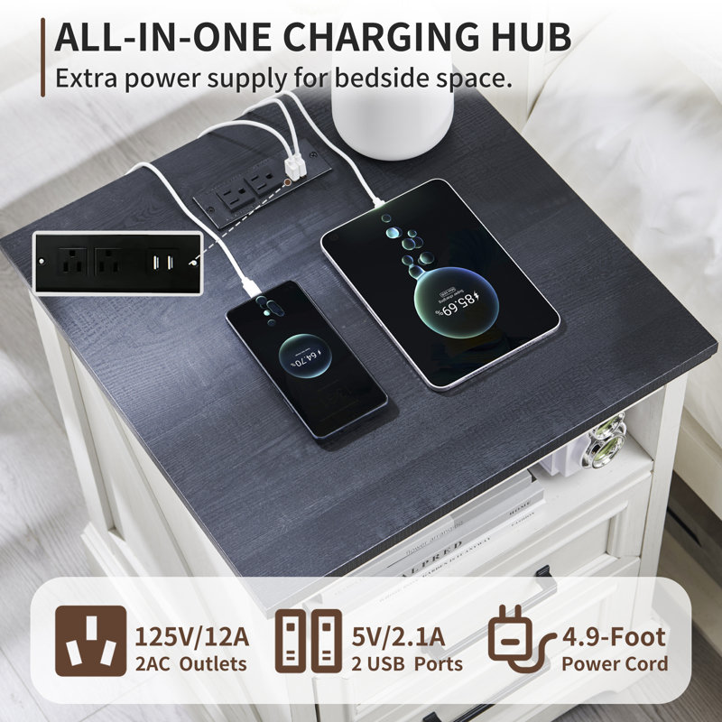 Wood 2-Drawers Nightstand With Charging Station, 24'' Tall Farmhouse End Table With Storage & Semi-Open Shelf, White / Black
