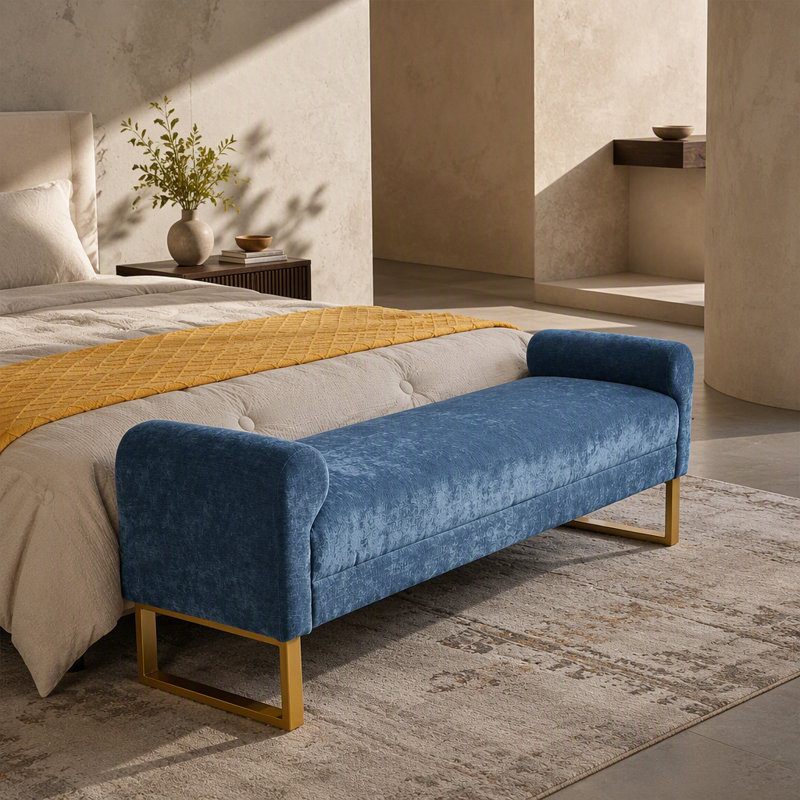 Banc de bout de lit en chenille de 65,49 pouces avec pieds et accoudoirs en métal doré