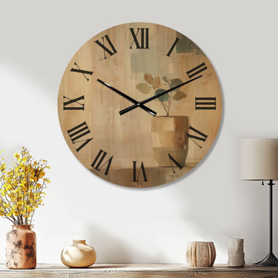 Quiet Potted Sprig - Tan Mid-Century Silent Non-Ticking Wood Wall Clock