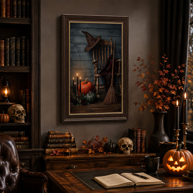 Chaise berçante rustique avec chapeau de sorcière et art mural d'Halloween allumé, H 24 po x l 16 po