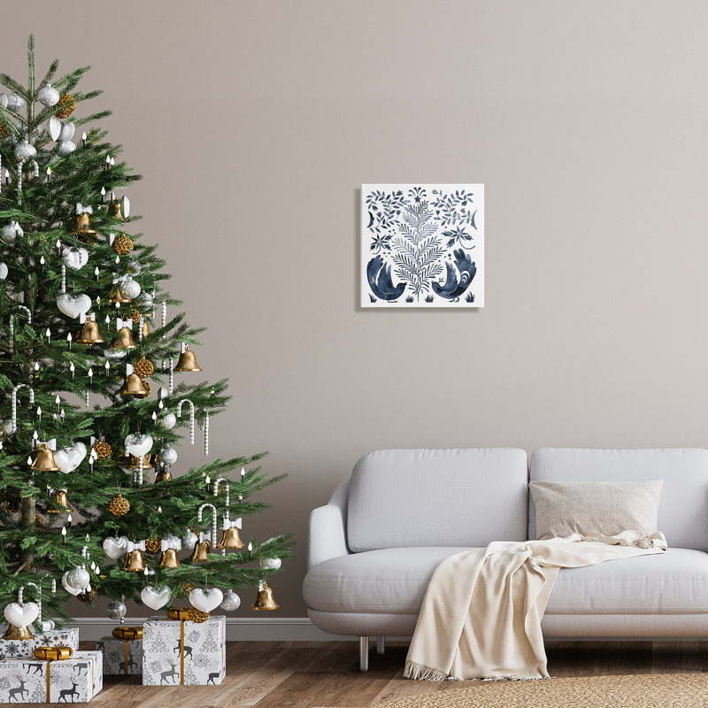 «Tranquil Blue Birds Botanical Holiday Tree Design», estampe numérique encadrée noire, art texturé par Grace Popp