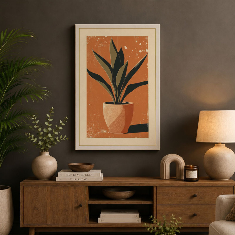 Potted Plant Geometric Botanical - Wrapped Canvas, 30x20 - 76.2 x 50.8 cm, Black Border