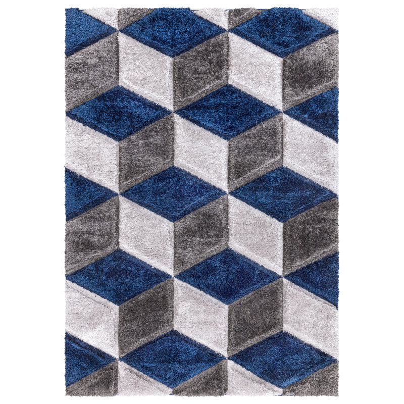 Shaggy Rug Blue Large Living Room Carpet & Extra Long Hallway Runner Modern Geometric Non Slip Bedroom Area Rug