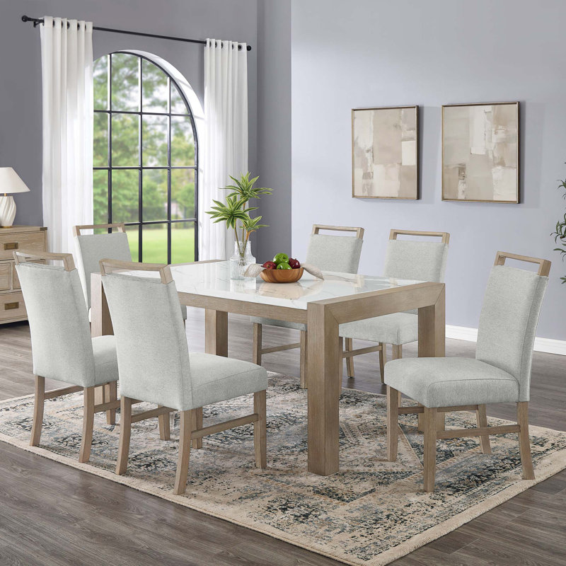 Tabitha 7Pc 66"W Rectangular Faux Marble Top Dining Set, 7 Pieces: Table, 6 Chairs