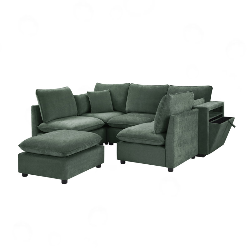 Canapé modulaire rembourré en chenille Coburn avec repose-pieds mobile, rangement et ports USB, Vert