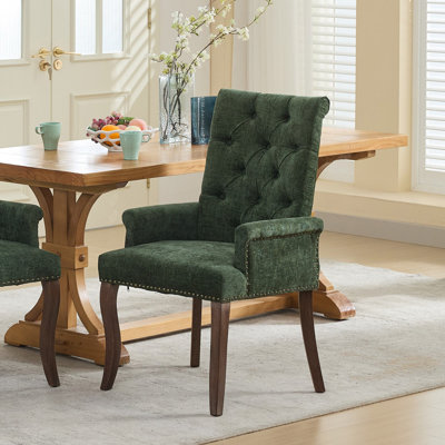 Chaise de salle à manger rembourrée en tissu de chenille, pieds courbés en bois massif, élégante chaise capitonnée de salle à manger avec accoudoirs, paquet simple, vert olive