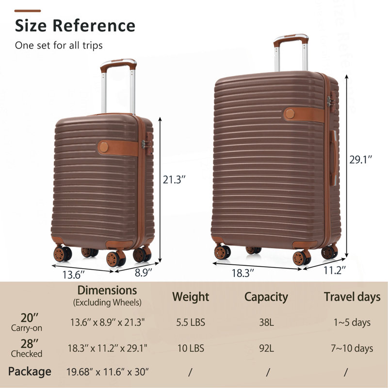 Ensemble de valises rigides avec serrure TSA, roulettes pivotantes à 360 °, valises de voyage légères et durables, Brown