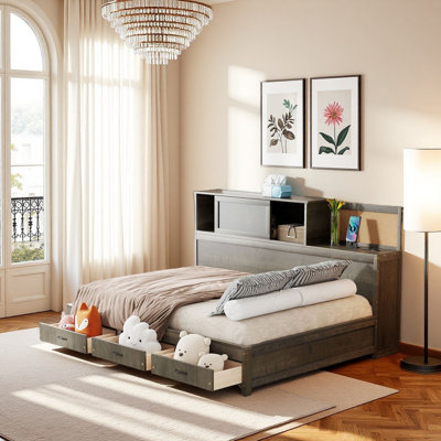 Lit plateforme double avec tiroirs de rangement et tablette