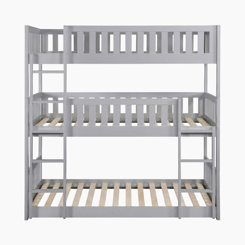 Koraima Transitional Wood Triple Bunk Bed with Protective Guard Rails, Integrated Ladders & Convertible Design
