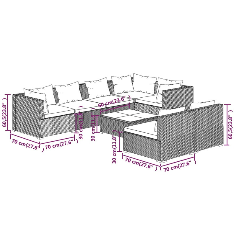 Ensemble de conversation modulaire 9 pièces, 3x coin + 4 x milieu + table, Brun et rouge cannelle