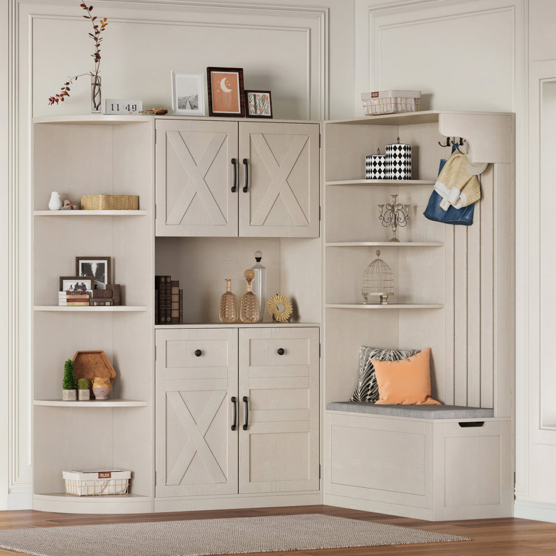 Hall Tree with storage and 4 hooks, storage cabinet, Beige