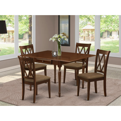 5 Piece Kitchen Table & Chairs Set Includes a Rectangle Dining Room Table with Dropleaf and 4 Linen Fabric Chairs, Mahogany