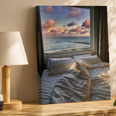 Toile, scène sereine de chambre à coucher avec un lit soigneusement fait avec art mural, coussins blancs moelleux et draps froissés
