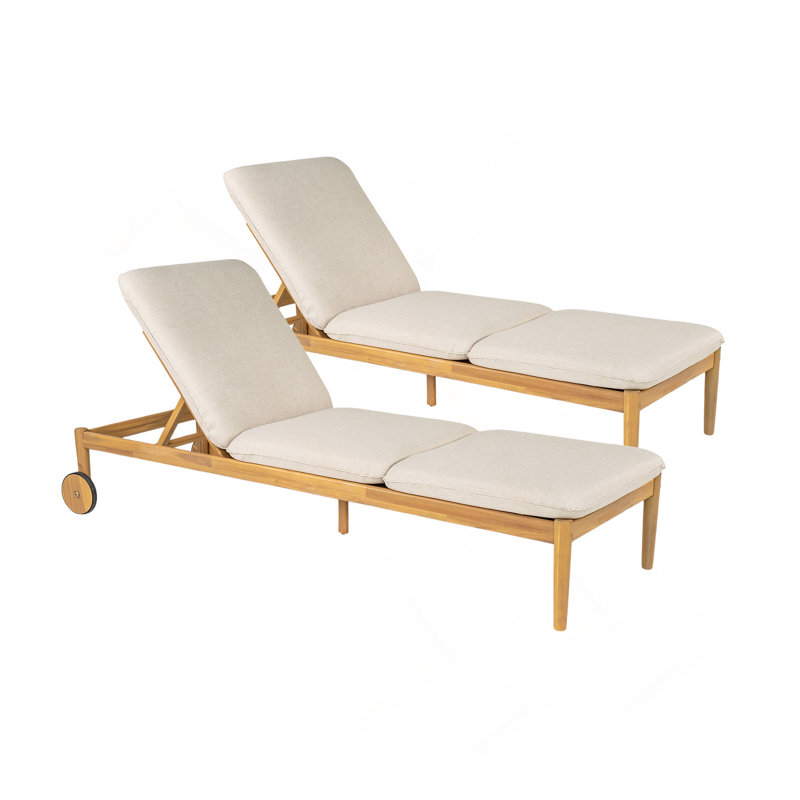 Chaise longue d'extérieur avec roulettes, structure en bois d'acacia (ensemble de 2)