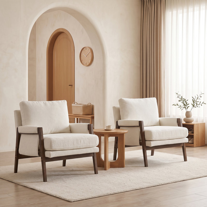 30" Wide Brayven Mid-Century Modern Upholstered Chenille Armchair With Wood Frame (Set of 2), White Chenille
