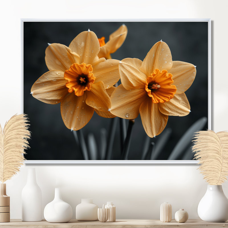 Monochromes jaunes et gris lumineux, jonquilles de luxe - jonquilles murales, Cadre flottant blanc, H 24 po x l 32 po