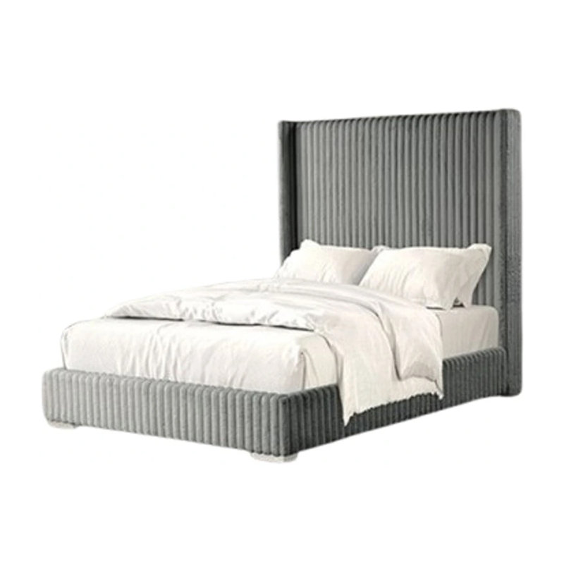 Wolo Queen Bed, Gray Fur Chenille Ribbed Upholstery, Wing Headboard, Gray, Queen