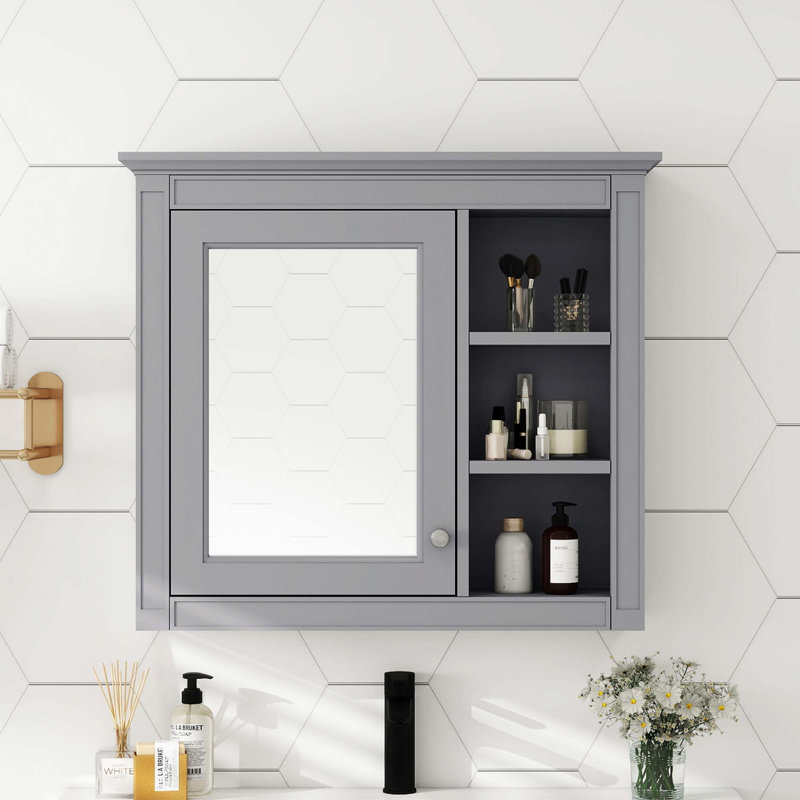 Armoire à pharmacie murale avec miroir et 3 tablettes ouvertes Dorla, Gris