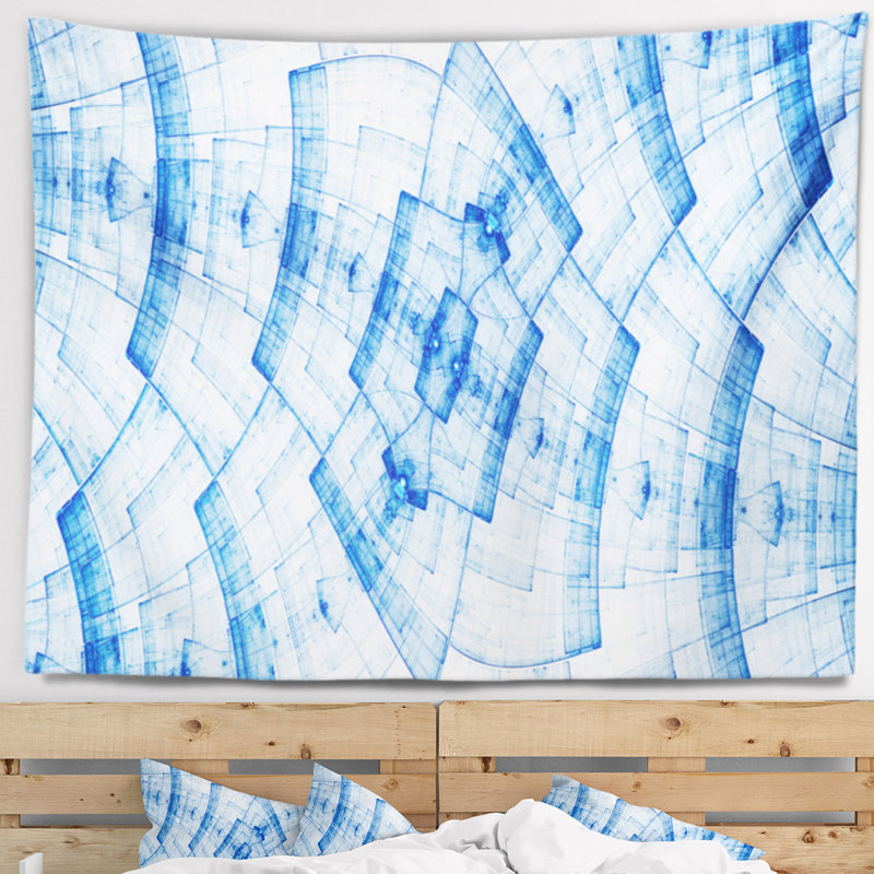 Tapisserie abstraite bleue à motif floral fractal, H 50 po x l 60 po