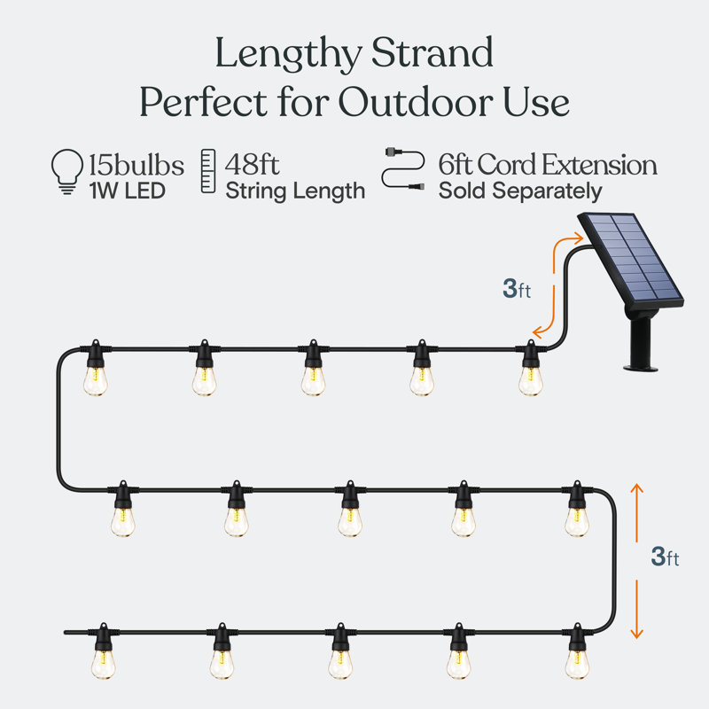 48' Outdoor LED Solar Powered 15 - Bulb Standard String Light