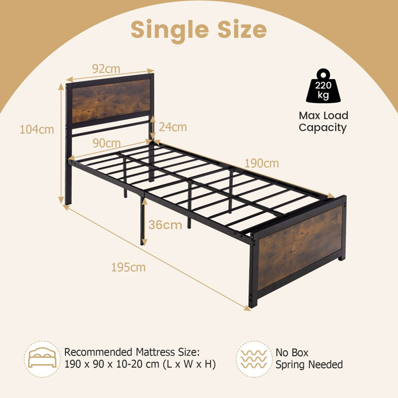 195 x 92 cm Single Metal Bed Frame with Headboard