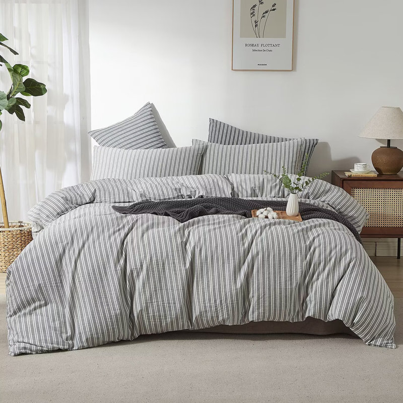 Ensemble de housse de couette à rayures XINMIANFANG, Housse de couette pour très grand lit et 2 taies , Gris clair / blanc