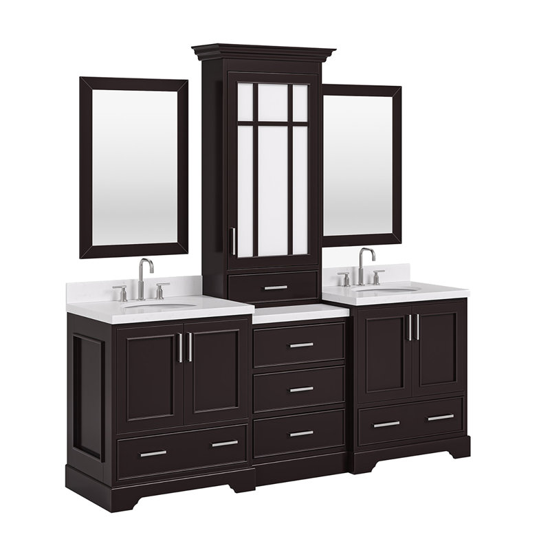 Ensemble de meuble-lavabo double 84,25 po avec plateau en quartz et miroir Abshire, Espresso