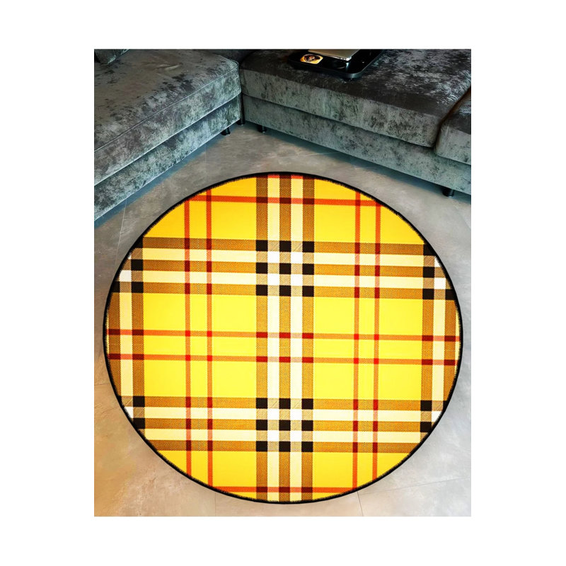 Yellow And Black Plaid Patterned Heart Detailed Woven Base Decorative Carpet, Round 2'8"