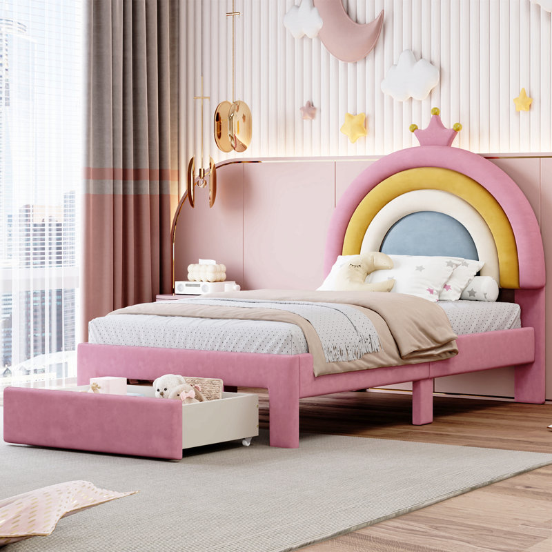 Lit tapissier arc-en-ciel design, lit plateforme en velours avec tiroir de rangement Princess, Twin