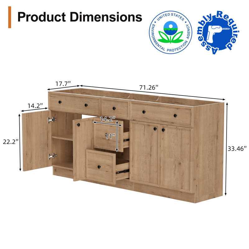 Base de meuble-lavabo autoportant 72 po à double cuve 72 po, sans comptoir, assemblage requis, Chêne