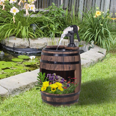 Outdoor Water Fountain, 2-tier Rustic Wooden Water Pump Fountain With Plant Flower Planter Base, Easy Assembly Electric Water Feature For Yard Lawn Home Exterior Decoration